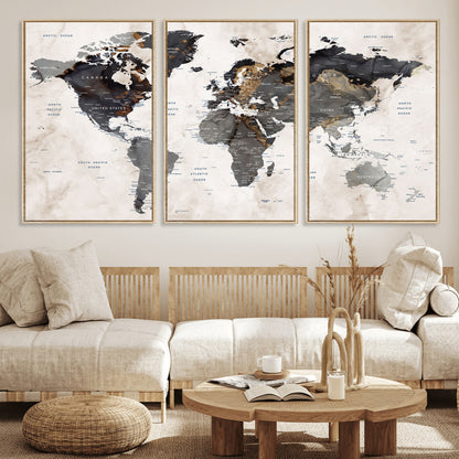 MGV-FC-60X30-3P - World Map Wall Art Canvas Print, Framed Rustic Map Art Picture Print, Antique Map Perfect Rustic Explorer Decor Artwork