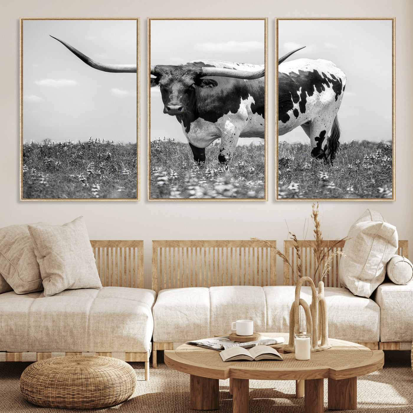 83785-MGV-CV-36X24-Texas Longhorn Wall Art Canvas Print, Framed Horned Bull Art Picture Print, Monochrome Cattle Perfect Rustic Western Decor Artwork