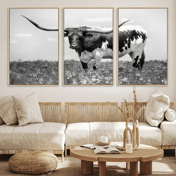 83785-MGV-CV-36X24-Texas Longhorn Wall Art Canvas Print, Framed Horned Bull Art Picture Print, Monochrome Cattle Perfect Rustic Western Decor Artwork