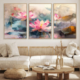 18414-MGV-FC-60X30-3P_Natural-Pink Lotus Wall Art Canvas Print, Framed Water Lily Art Picture Print, Dreamy Floral Perfect Dreamy Botanical Decor Artwork