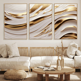 41237-MGV-FC-60X30-3P_Natural-Gold Waves Wall Art Canvas Print, Framed Elegant Flow Art Picture Print, Luxury Layers Perfect Minimal Luxe Decor Artwork