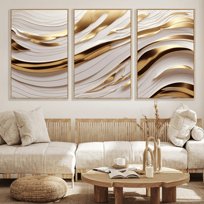 41237-MGV-FC-60X30-3P_Natural-Gold Waves Wall Art Canvas Print, Framed Elegant Flow Art Picture Print, Luxury Layers Perfect Minimal Luxe Decor Artwork