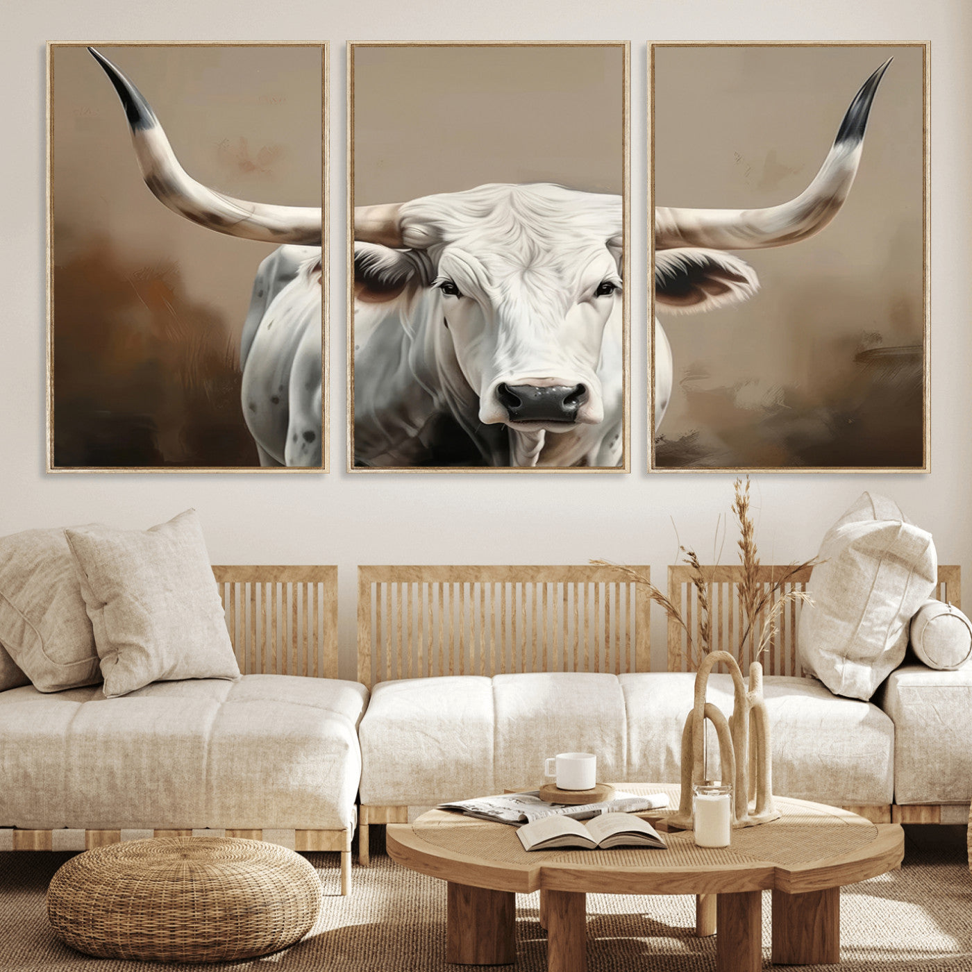 63550-MGV-FC-60X30-3P_Natural-Texas Longhorn Wall Art Canvas Print, Framed White Bull Art Picture Print, Horned Cattle Perfect Rustic Western Decor Artwork