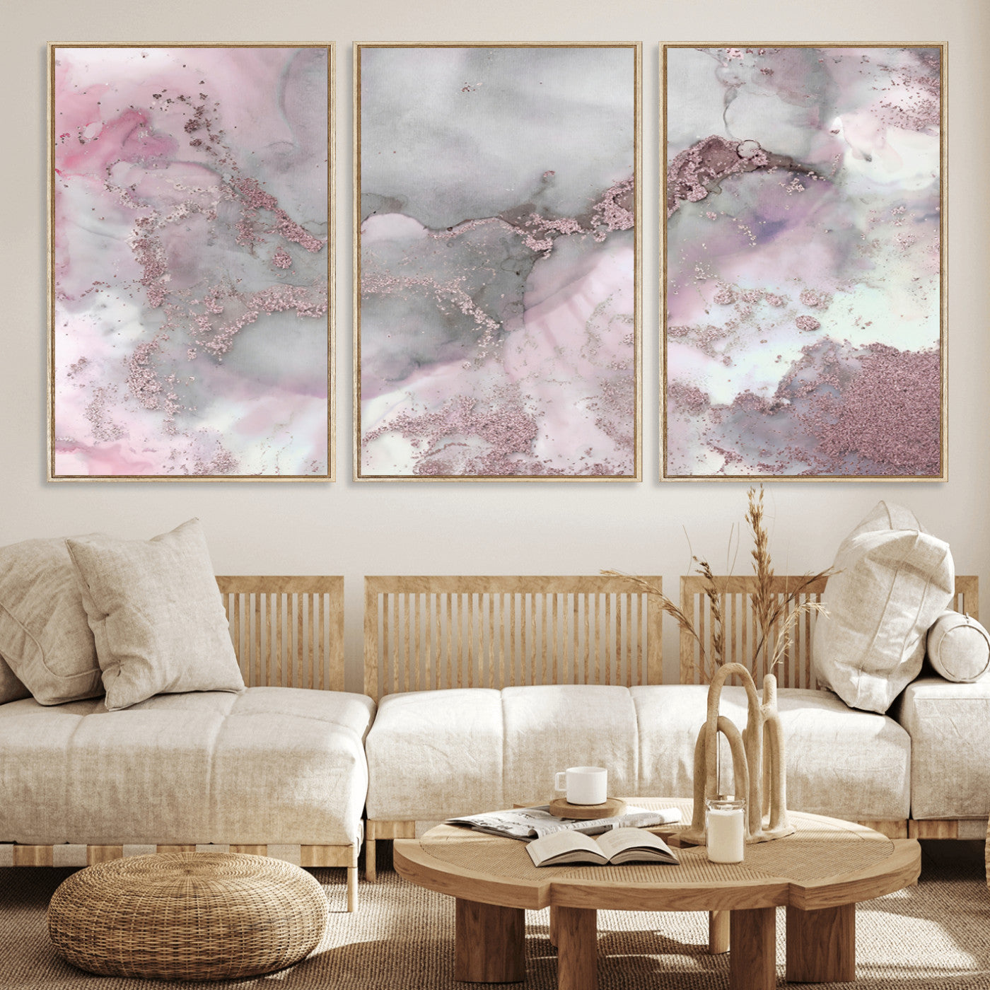 16416-MGV-FC-60X30-3P_Natural-Blush Marble Wall Art Canvas Print, Framed Rose Gold Art Picture Print, Pink Cloudy Perfect Modern Glam Decor Artwork