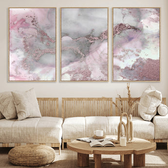 16416-MGV-FC-60X30-3P_Natural-Blush Marble Wall Art Canvas Print, Framed Rose Gold Art Picture Print, Pink Cloudy Perfect Modern Glam Decor Artwork