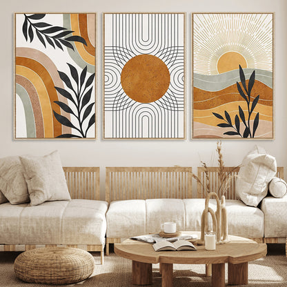 32359-MGV-FC-60X30-3P_Natural-Modern Sun Wall Art Canvas Print, Framed Retro Horizon Art Picture Print, Sunburst Design Perfect Mid Century Boho Decor Artwork