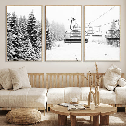 49274-MGV-FC-60X30-3P_Natural-Snowy Forest Wall Art Canvas Print, Framed Ski Lift Art Picture Print, Mountain Snow Perfect Minimal Winter Lodge Decor Artwork