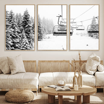 49274-MGV-CV-36X24-Snowy Forest Wall Art Canvas Print, Framed Ski Lift Art Picture Print, Mountain Snow Perfect Minimal Winter Lodge Decor Artwork