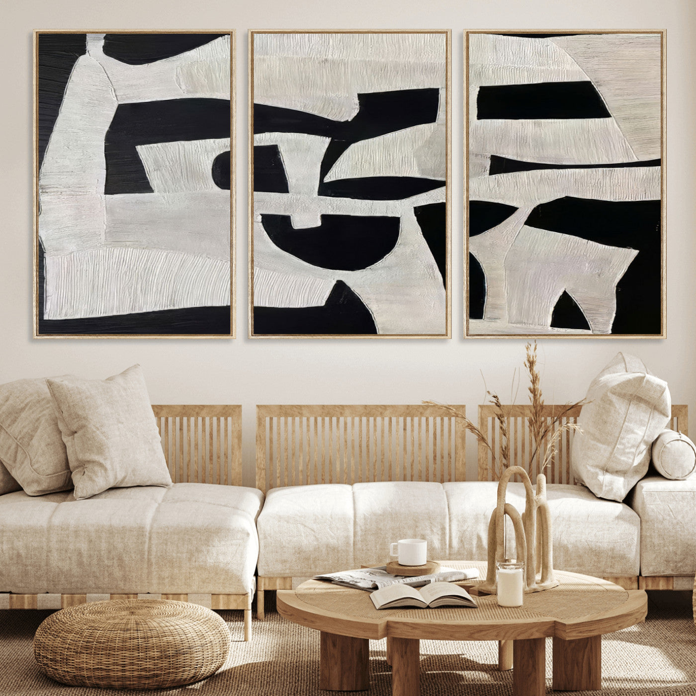 33714-MGV-FC-60X30-3P_Natural-Monochrome Design Wall Art Canvas Print, Framed Modern Linework Art Picture Print, Textured Shapes Perfect Monochrome Modern Decor