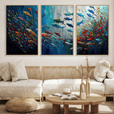 89626-MGV-FC-60X30-3P_Natural-Fish Swarm Wall Art Canvas Print, Framed Abstract Ocean Art Picture Print, Underwater Life Perfect Vibrant Coastal Decor Artwork