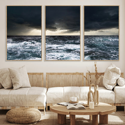 51359-MGV-FC-60X30-3P_Natural-Stormy Ocean Wall Art Canvas Print, Framed Moody Seascape Art Picture Print, Ocean Storm Perfect Dramatic Coastal Decor Artwork