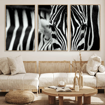 43631-MGV-FC-60X30-3P_Natural-Zebra Wall Art – Black & White Safari Wildlife Canvas Print, Modern Animal Photography Decor for Living Room, Office, or Bedroom
