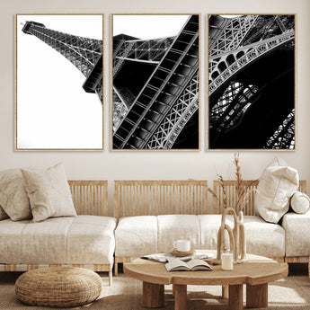 89033-MGV-FC-60X30-3P_Natural-Eiffel Tower Wall Art – Dramatic Black and White Architectural Canvas Print, Modern Paris Decor for Office, Living Room or