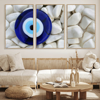 48883-MGV-FC-60X30-3P_Natural-Evil Eye Wall Art – Deep Blue Symbol of Presence and Calm on White Stones, Subtle Spiritual Decor for Entryway, Studio, Office or