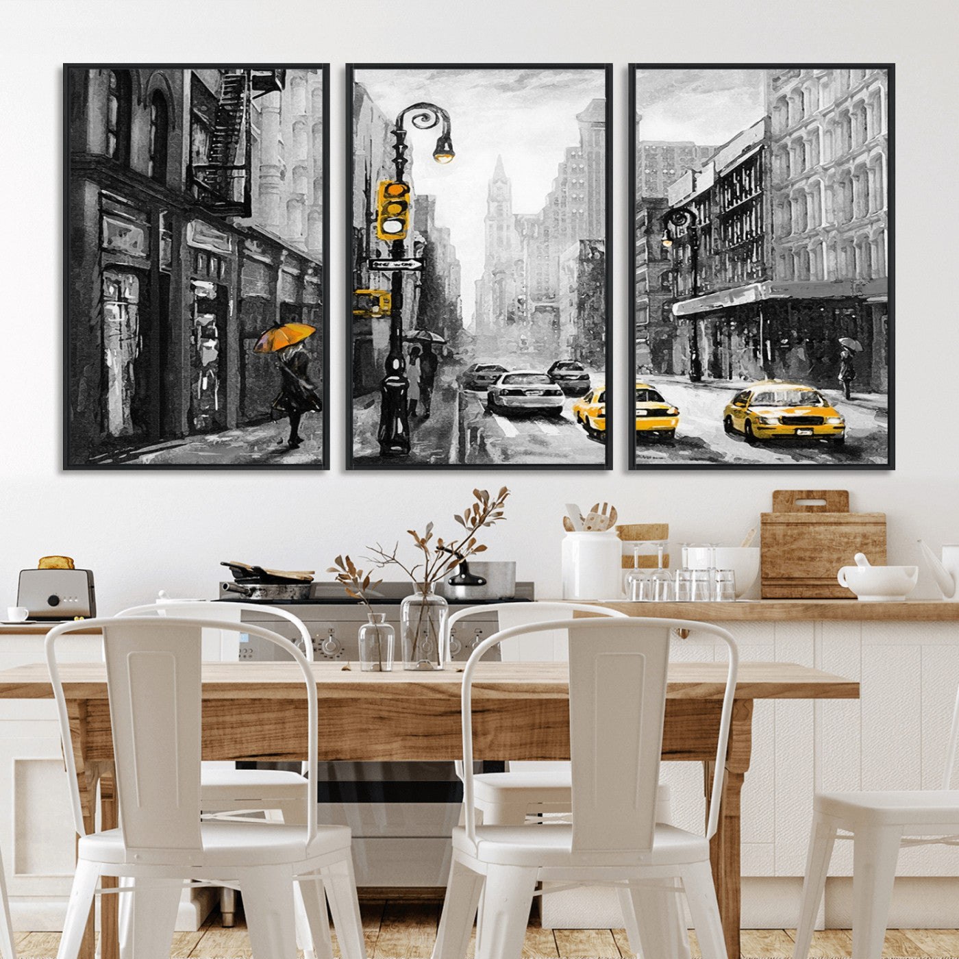 32362-MGV-CV-36X24-NYC Street Wall Art – Black and White Cityscape with Yellow Taxis and Umbrella Canvas Print, Urban Home Decor for Living Room or