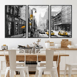 32362-MGV-CV-36X24-NYC Street Wall Art – Black and White Cityscape with Yellow Taxis and Umbrella Canvas Print, Urban Home Decor for Living Room or