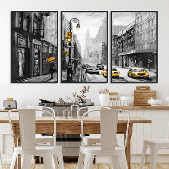 32362-MGV-CV-36X24-NYC Street Wall Art – Black and White Cityscape with Yellow Taxis and Umbrella Canvas Print, Urban Home Decor for Living Room or