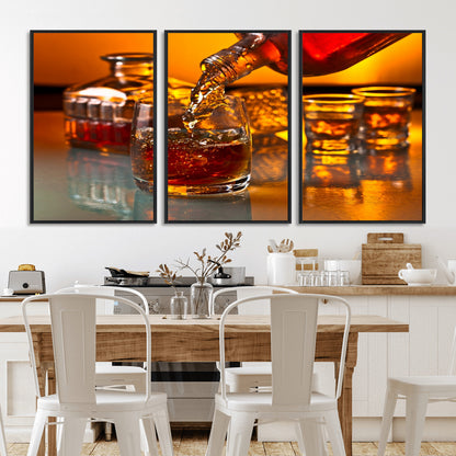 18250-MGV-FC-60X30-3P_Black-Whiskey Pour Wall Art – Captivating Whiskey Splash Canvas Print, Elegant Bar or Home Lounge Decor for Office, Man Cave or Living