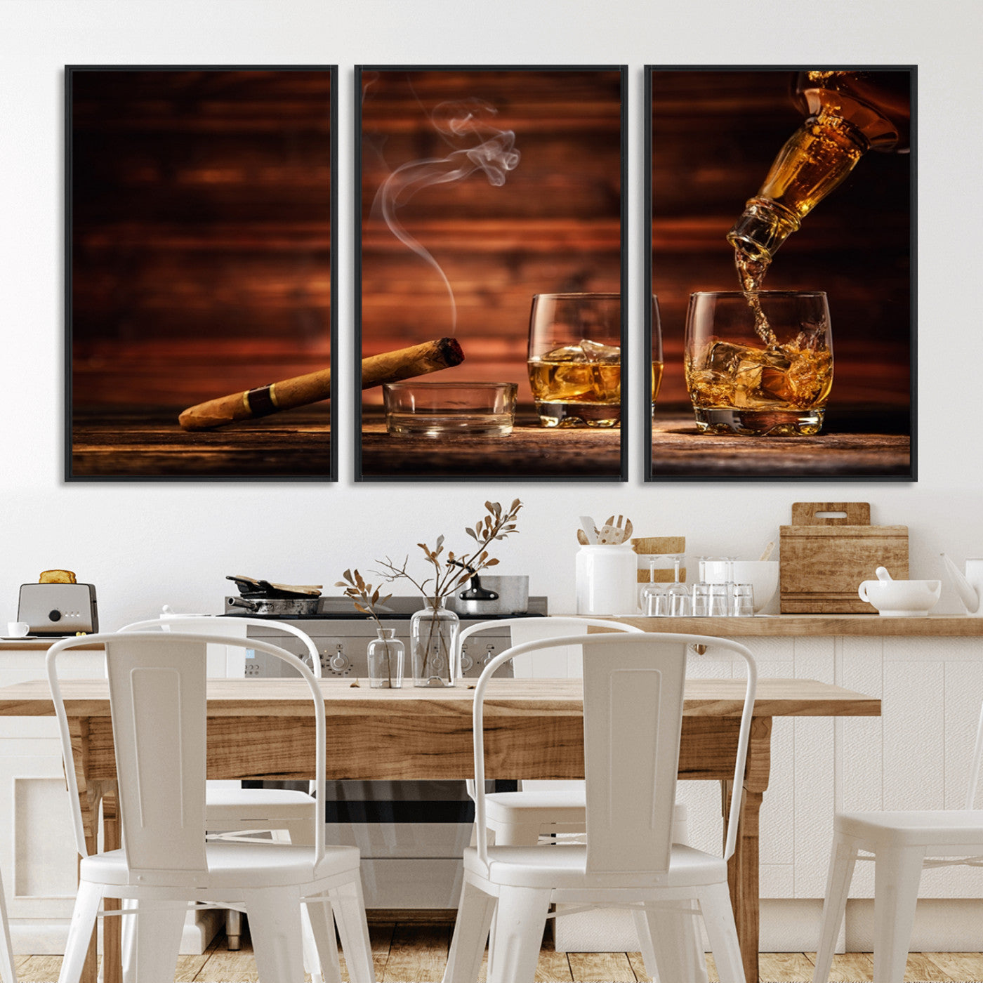 91042-MGV-FC-60X30-3P_Black-Whiskey & Cigar Wall Art – Elegant Whiskey Pour and Smoldering Cigar Canvas Print, Sophisticated Bar or Lounge Decor for Home,