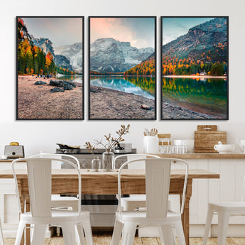 25982-MGV-CV-36X24-Autumn Mountain Lake Wall Art – Panoramic Fall Foliage and Snowy Peaks Canvas Print, Scenic Nature Decor for Living Room or Office