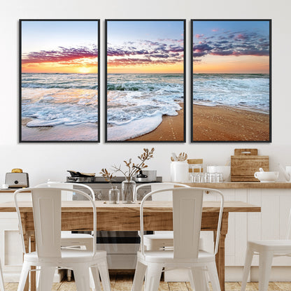 39560-MGV-FC-60X30-3P_Black-Sunrise Beach Wall Art – Vibrant Ocean Waves and Golden Sand Canvas Print, Seaside Coastal Decor for Living Room, Bedroom or