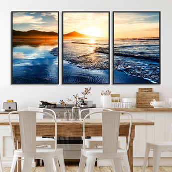 86173-MGV-CV-36X24-Golden Sunset Beach Wall Art – Reflective Ocean Canvas Print with Mountains and Waves, Coastal Nature Decor for Living Room,