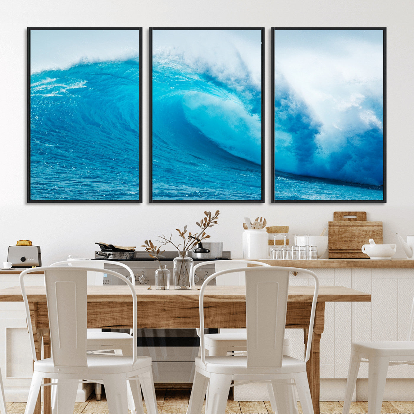 13117-MGV-FC-60X30-3P_Black-Ocean Wave Wall Art – Dynamic Blue Surf Canvas Print, Coastal Beach Decor for Living Room, Bathroom, Office, or Beach House