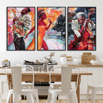 24452-MGV-CV-36X24-Vibrant Jazz Musician Painting - Expressive Art Print of Live Jazz Band, Perfect Wall Decor for Music Lovers and Art Enthusiasts