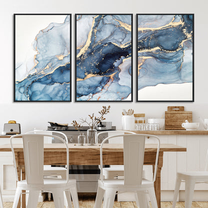 33782-MGV-CV-36X24-Abstract Marble Wall Art – Blue & Gold Fluid Painting Canvas Print, Modern Home Decor for Living Room, Bedroom or Office
