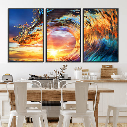 52890-MGV-CV-36X24-Surfing Wave Wall Art Canvas Print, Framed Sunset Ocean Art Picture Print, Ocean Wave Perfect Nautical Decor Artwork
