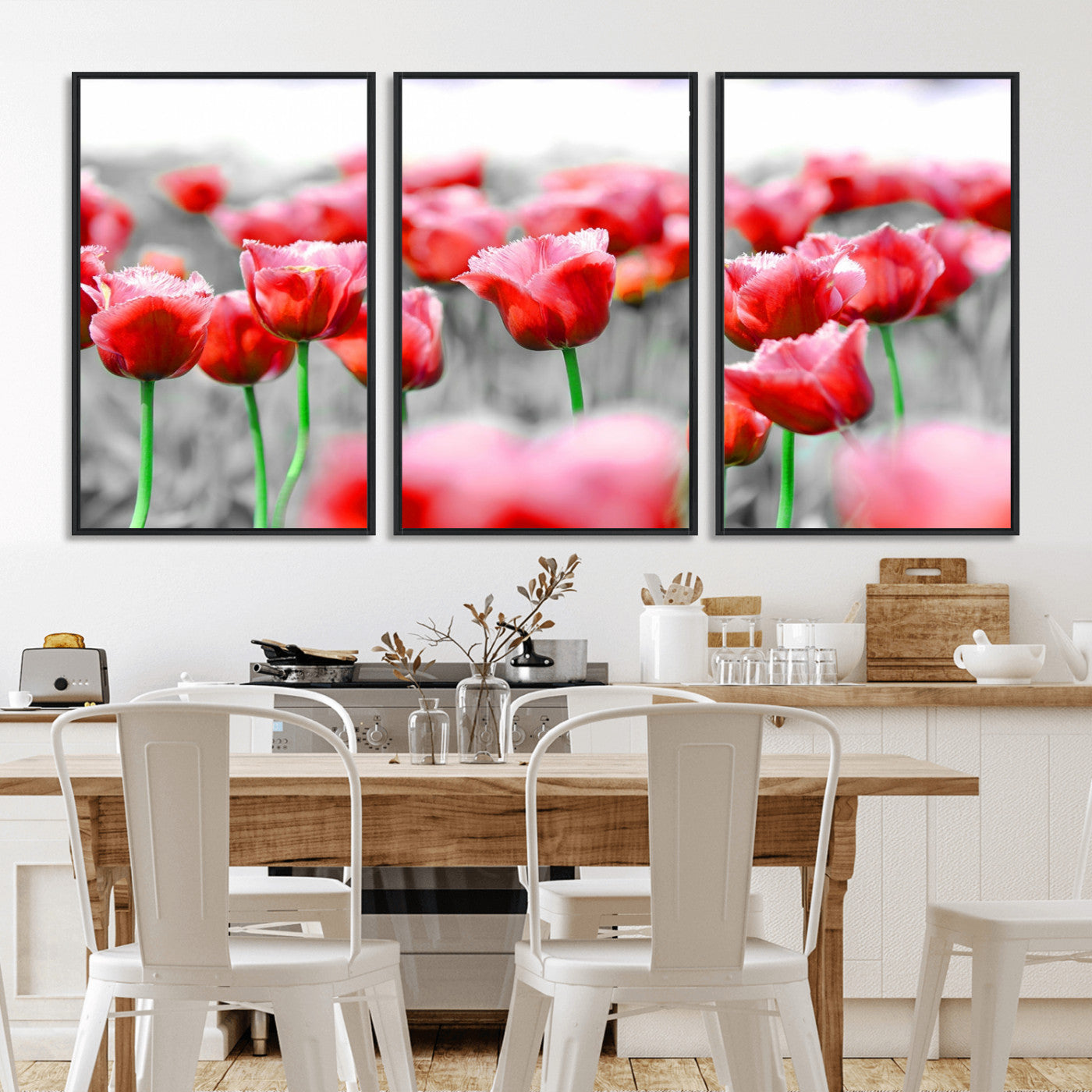 44554-MGV-CV-36X24-Vibrant red tulips stand out beautifully against a black-and-white background, making a striking decor piece perfect for any home