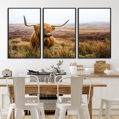 79391-MGV-CV-36X24-Majestic Highland Cow in Misty Scottish Moorland – Rustic Natural Charm, Perfect for Unique Home or Office Decor