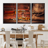 21266-MGV-CV-36X24-Pouring Whiskey into Glasses with Ice – Rustic Wooden Barrel Background, Warm Ambient Lighting, Ideal Decor for Home or Office