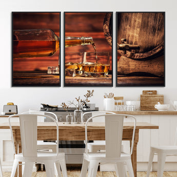 21266-MGV-CV-36X24-Pouring Whiskey into Glasses with Ice – Rustic Wooden Barrel Background, Warm Ambient Lighting, Ideal Decor for Home or Office