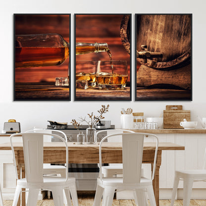 21266-MGV-CV-36X24-Pouring Whiskey into Glasses with Ice – Rustic Wooden Barrel Background, Warm Ambient Lighting, Ideal Decor for Home or Office