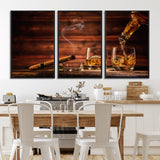 41139-MGV-CV-36X24-Whiskey and Cigar Still Life – Glasses with Ice and Pouring Amber Drink on Wooden Table with Smoke, Elegant Bar or Lounge Wall