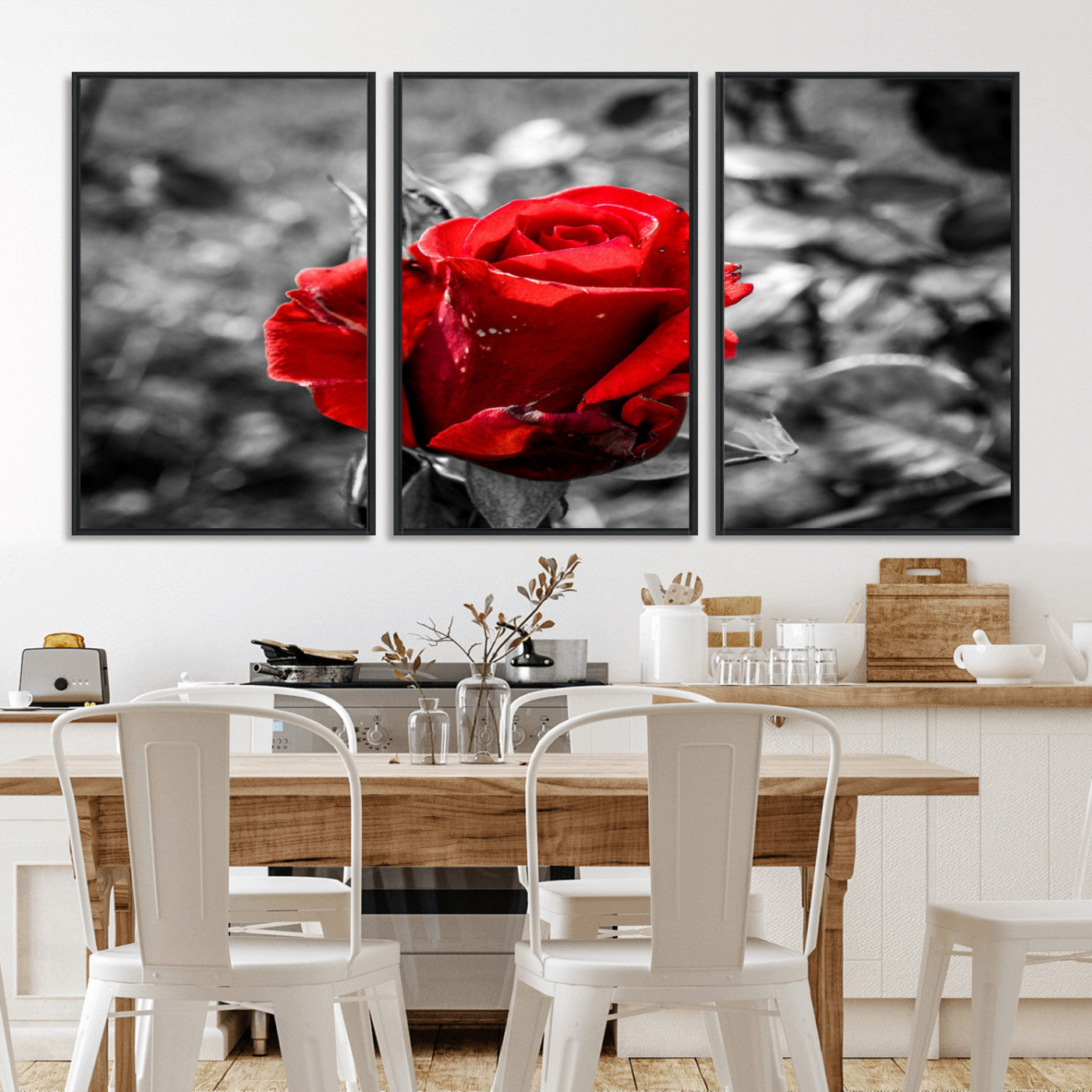 84671-MGV-CV-36X24-Red Rose Wall Art – Vibrant Single Bloom Canvas Print with Black and White Background, Elegant Floral Decor for Living Room,