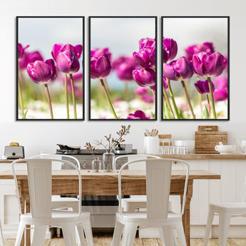30632-MGV-CV-36X24-Purple Tulip Field Wall Art – Beautiful Spring Flowers Canvas Print with Soft Focus and Bright Sky, Ideal Floral Decor for Home or