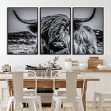 97372-MGV-CV-36X24-Elegant Highland Cow Wall Art – Black and White Canvas Print, Rustic Nature Decor for Home, Office, Living Room or Man Cave