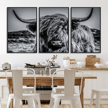 97372-MGV-CV-36X24-Elegant Highland Cow Wall Art – Black and White Canvas Print, Rustic Nature Decor for Home, Office, Living Room or Man Cave