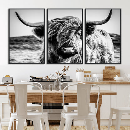 36979-MGV-CV-36X24-Striking black-and-white portrait of a Highland cow with flowing fur and majestic horns, perfect for rustic and elegant home or