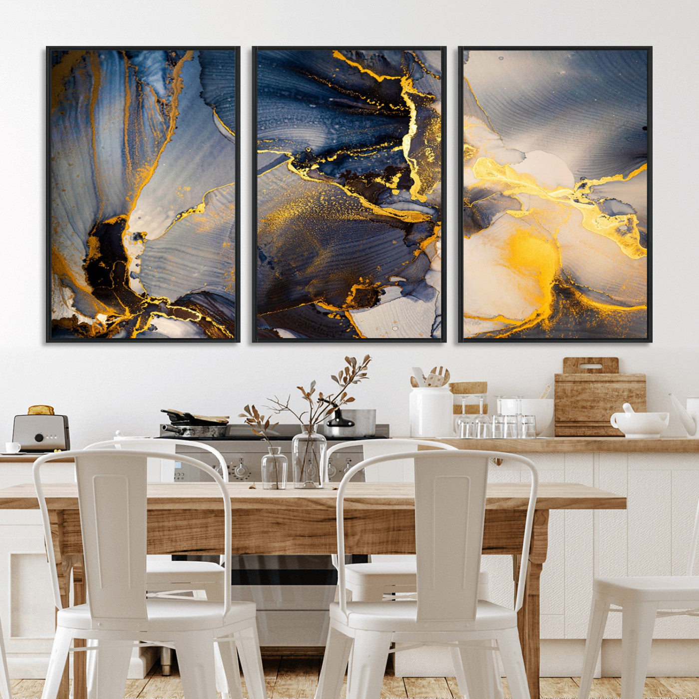 42100-MGV-FC-60X30-3P_Black-Golden Flow Abstract Wall Art – Panoramic Modern Blue and Gold Canvas Print, Contemporary Artistic Decor for Home, Office