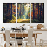 86249-MGV-FC-60X30-3P_Black-Sunlit Autumn Forest Path Wall Art – Peaceful Nature Scene with Fall Foliage, Calming Woods Decor for Home or Office