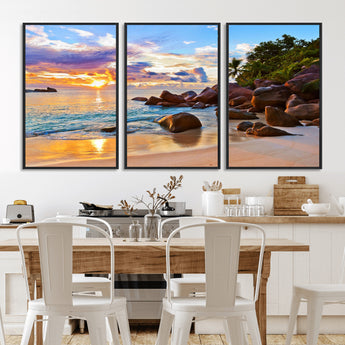 43209-MGV-FC-60X30-3P_Black-Tropical Beach Sunset Wall Art – Golden Ocean Waves and Palm Trees with Rocky Shore Canvas Print, Coastal Seascape Decor for