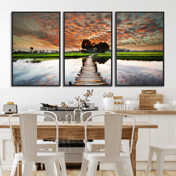 29105-MGV-CV-36X24-Rustic Wooden Bridge Wall Art – Scenic Sunset Over Rice Fields and Reflective Water Canvas Print, Nature Landscape Decor for