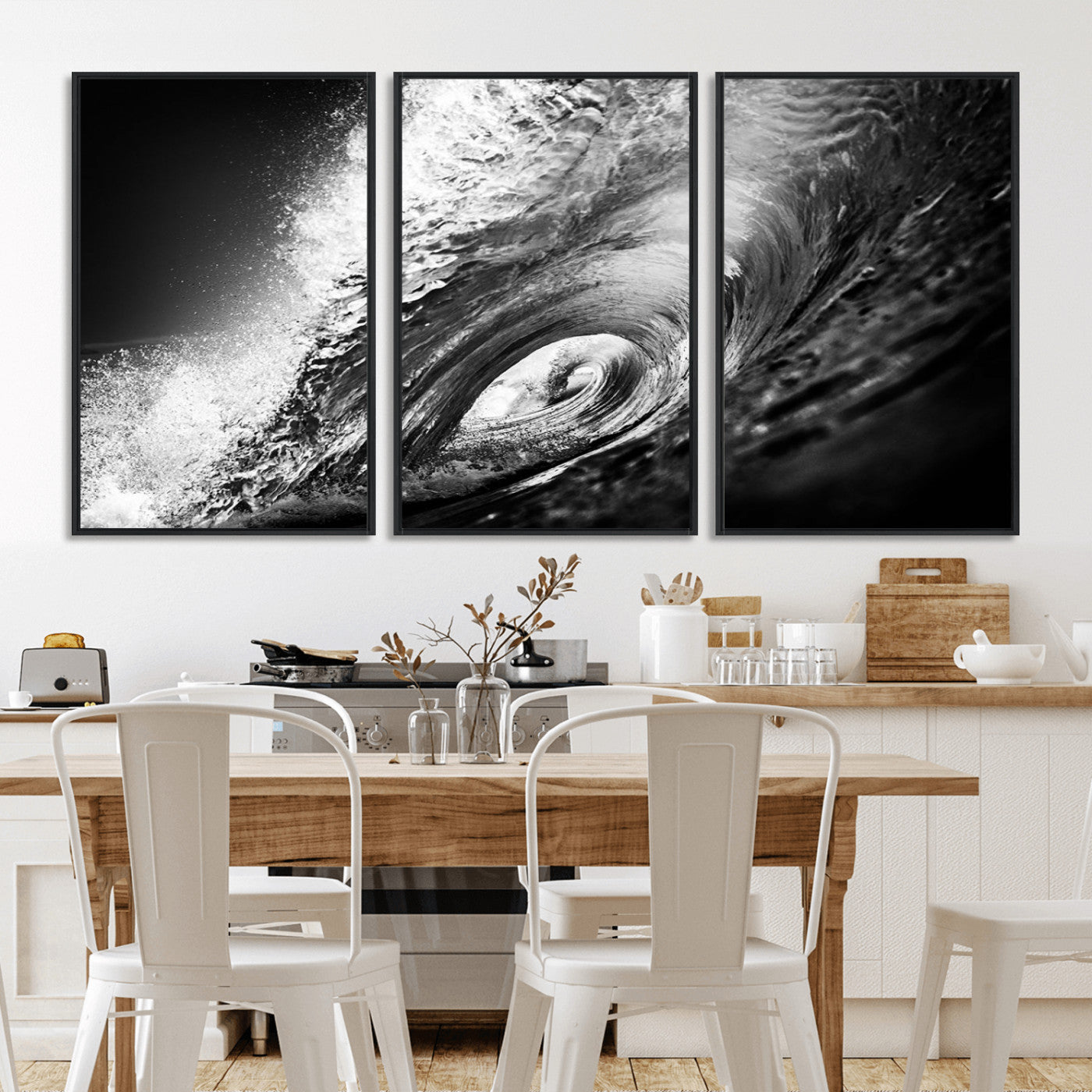 22702-MGV-FC-60X30-3P_Black-Black and White Ocean Wave Wall Art – Powerful Surf Curl Photography Canvas Print, Modern Coastal Decor for Living Room, Office or