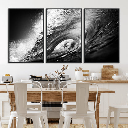 22702-MGV-FC-60X30-3P_Black-Black and White Ocean Wave Wall Art – Powerful Surf Curl Photography Canvas Print, Modern Coastal Decor for Living Room, Office or