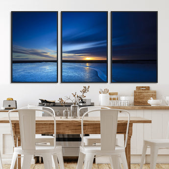 65405-MGV-FC-60X30-3P_Black-Blue Sunrise Seascape Wall Art – Tranquil Ocean Horizon Canvas Print with Golden Sunlight and Deep Sky, Coastal Landscape Decor