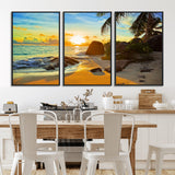 26181-MGV-FC-60X30-3P_Black-Golden Tropical Sunset Beach Wall Art – Ocean Canvas Print with Palm Trees and Rocks, Coastal Paradise Decor for Living Room or