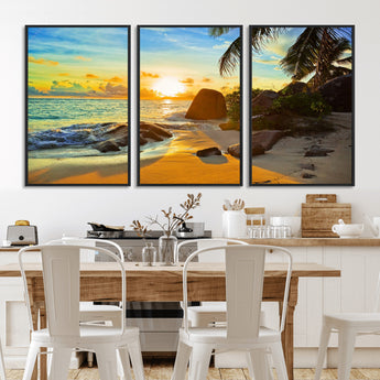 26181-MGV-FC-60X30-3P_Black-Golden Tropical Sunset Beach Wall Art – Ocean Canvas Print with Palm Trees and Rocks, Coastal Paradise Decor for Living Room or